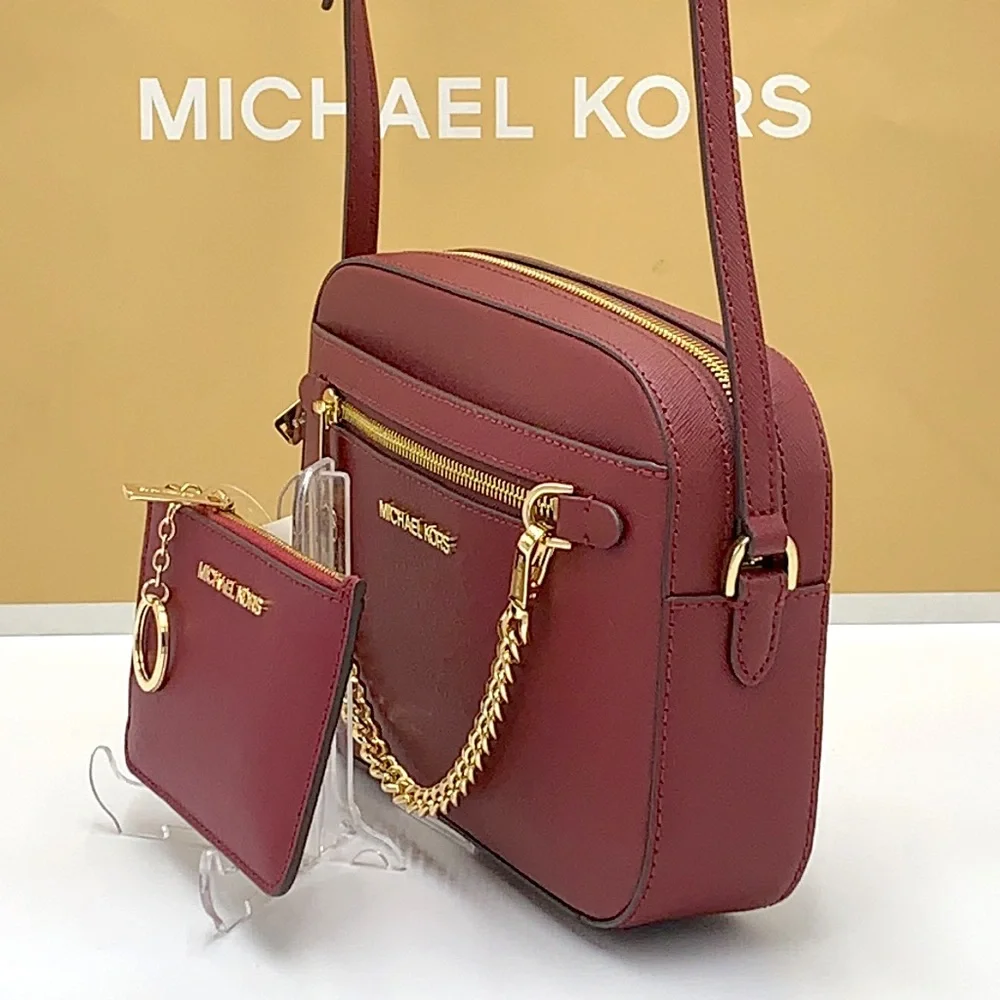 MICHAEL KORS LARGE EW ZIP CHAIN CROSSBODY DARK CHERRY & SM  TZ COINPOUCH MULBERR - Picture 4 of 16